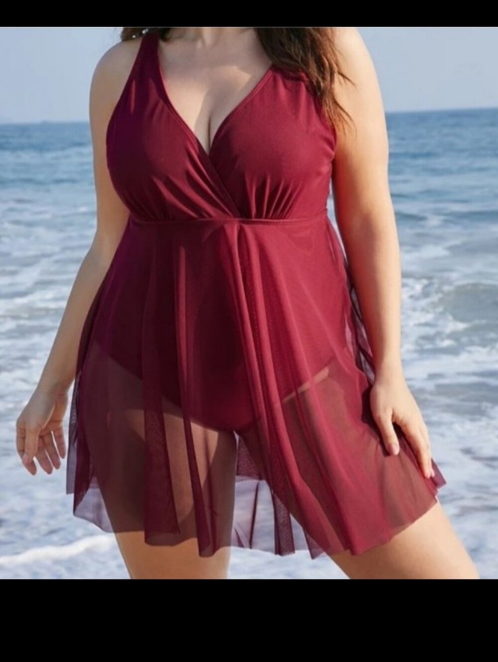 Plus Size Wine Red Swimdress with Sheer Skirt NWT